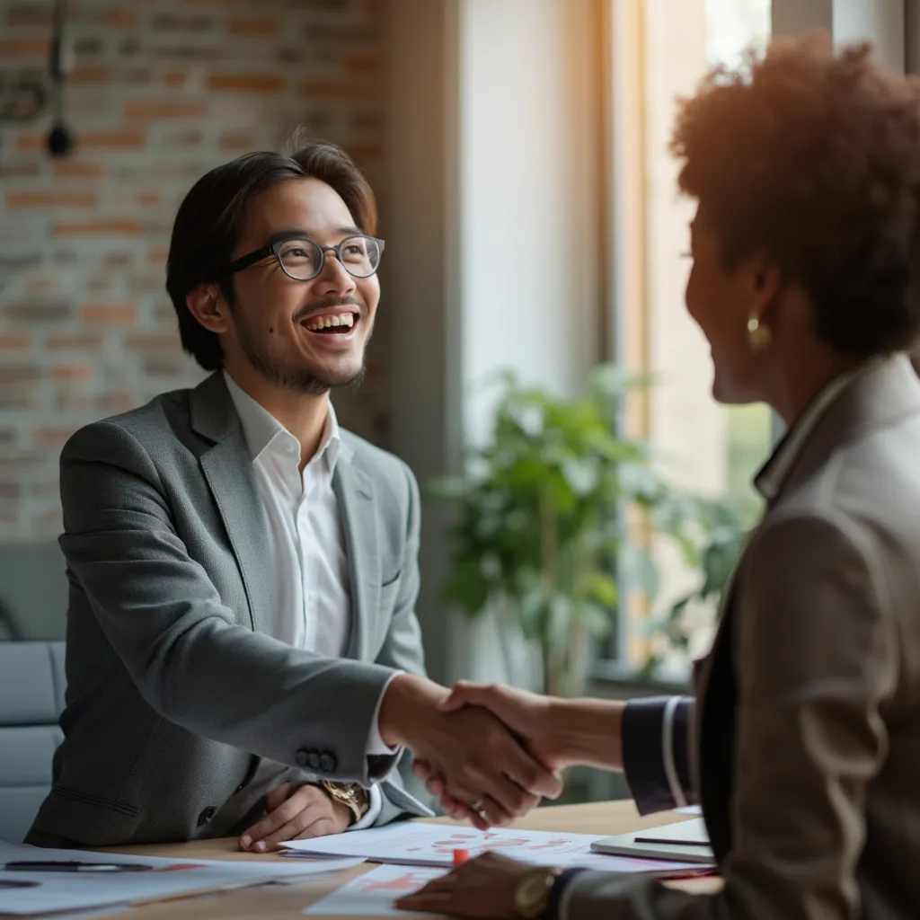Cliente satisfecho estrechando la mano con un consultor